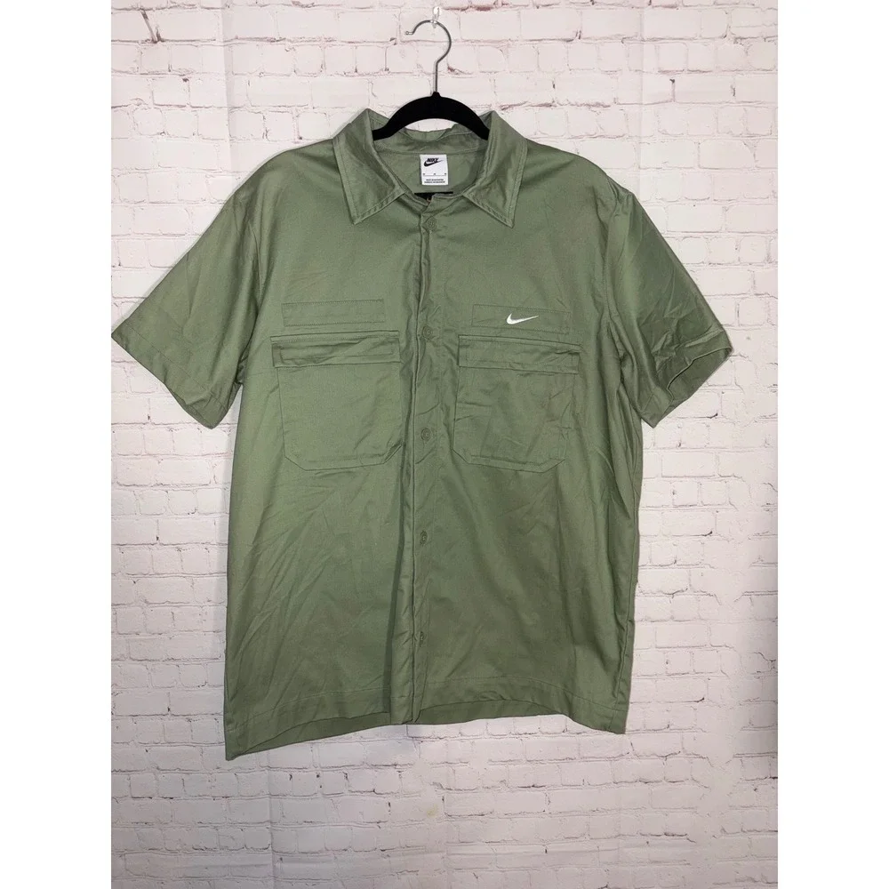 Nike Woven Military Button Up Shirt Short Sleeve Oil Green Mens Medium Utility